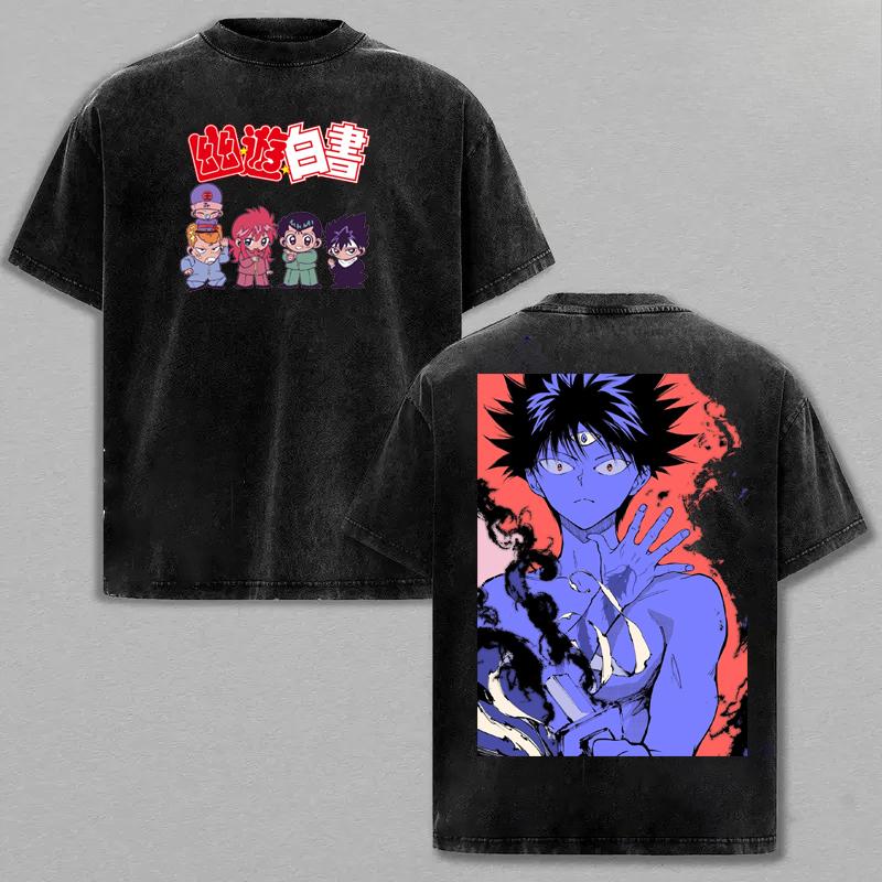 Yu Yu Hakusho Anime Hiei Print T-shirt Clothing Men Short Sleeve Cotton Tshirts Vintage Washed Tee Harajuku Oversized T Shirt