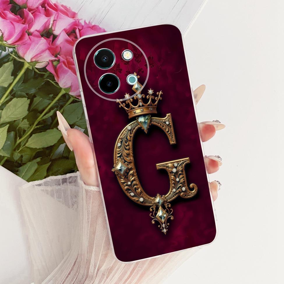 Für Vivo Y38 5G Hülle Abdeckung Transparent Luxus Krone A-Z Buchstaben 2D Flaches Muster Weiche Handyhülle Für VivoY38 5G Bumper