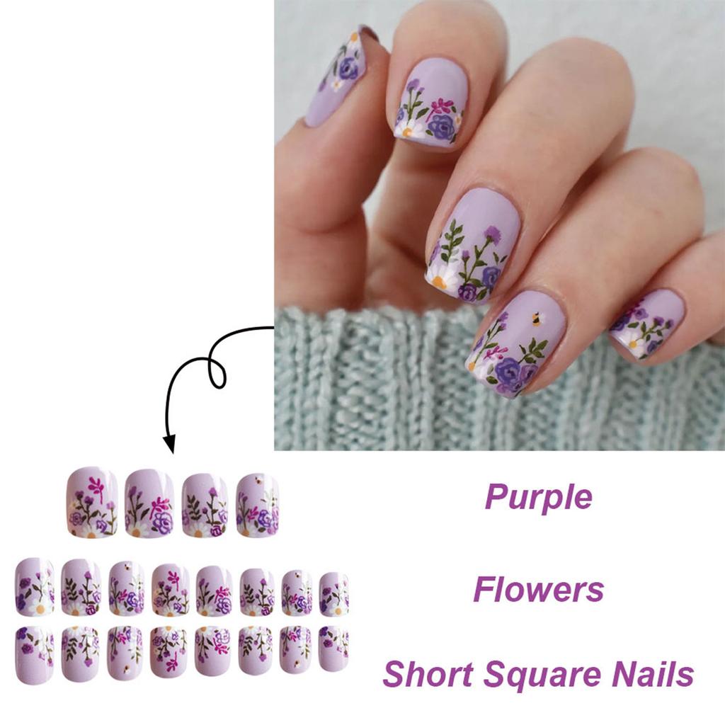 24 Stück Lila Künstliche Nägel Kurz Quadratisch Vollabdeckung Falsche Nägel Glänzend Aufklebbare Nägel Blumen Aufpressnägel