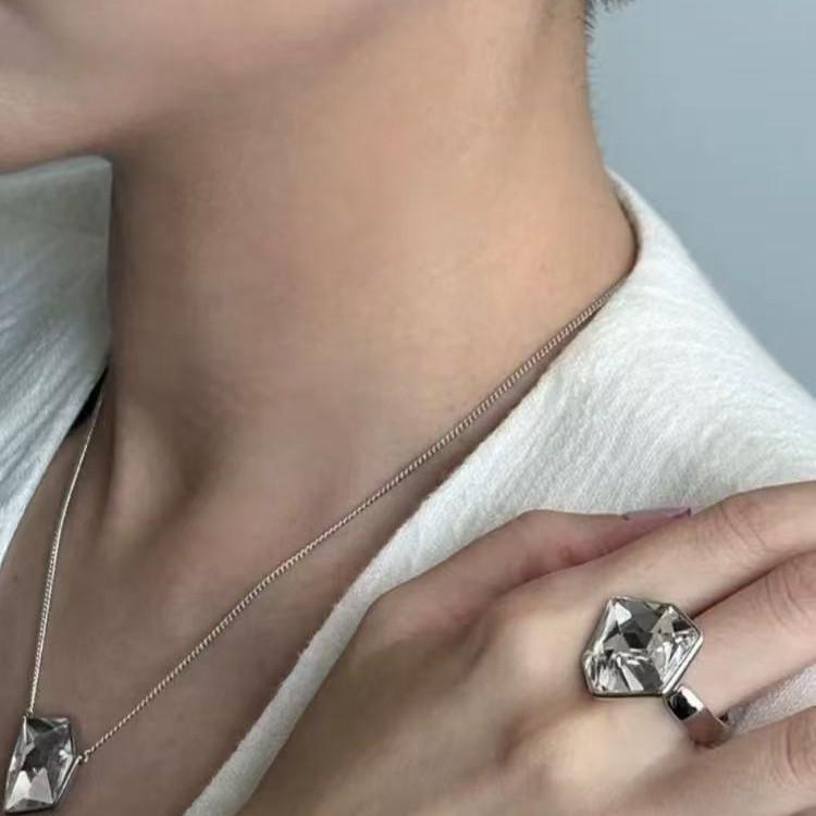 Korean Minimalist Geometric Crystal Earrings & Necklace Set with Adjustable Ring