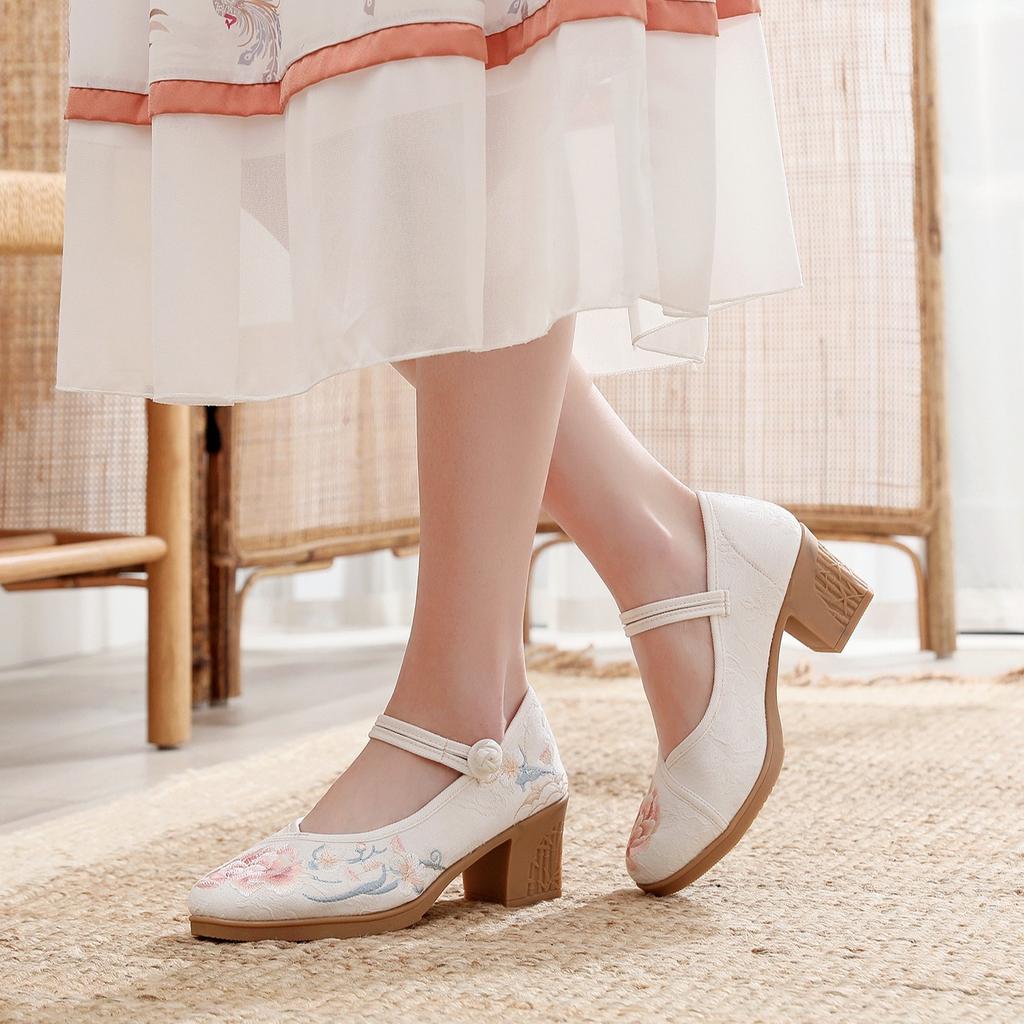 High Heels Women's Shoes Square Heel Light Mouth Round Head Embroidery Sexy and Thin Nightclub Single Shoes Wedding Shoes