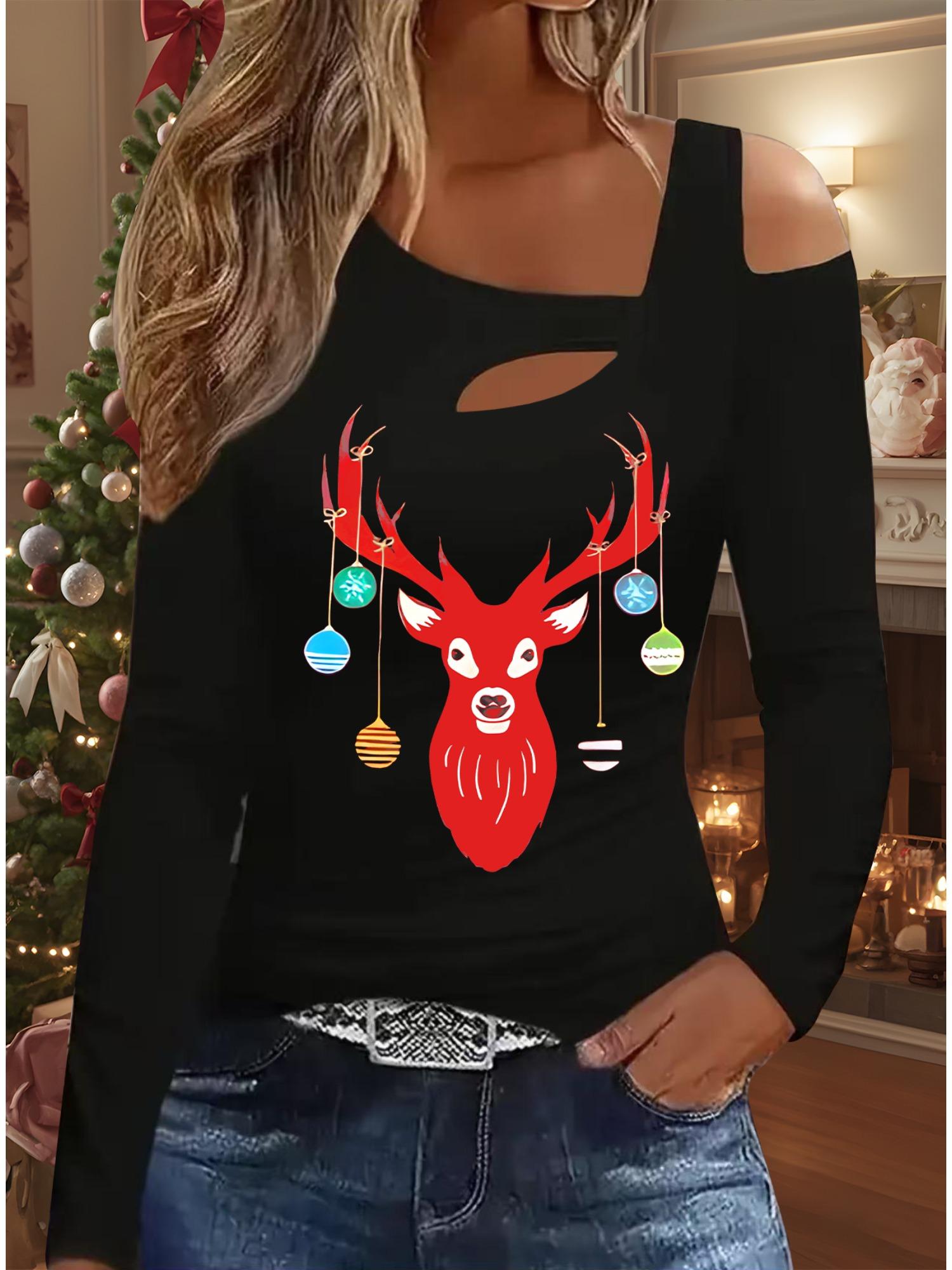 

Осень и Зима Женский Новый Повседневный Топ с Длинным Рукавом Рождественский Узор Идеальный Подарок на Хэллоуин Рождество Футболка S чёрный