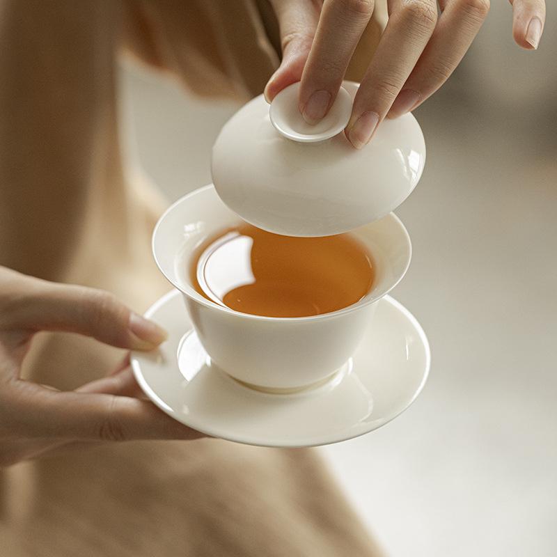 White Porcelain Three-Talent Covered Bowl Kung Fu Tea Set Jade Clay Pure White Tea Brewing Bowl