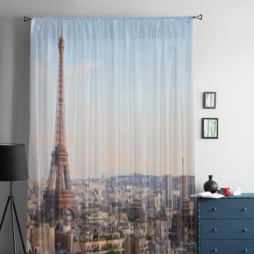 Paris Frankreich Stadtbild mit Eiffelturm Sonnenuntergang Chiffon transparente Vorhänge für Wohnzimmer Schlafzimmer Fenster Voiles Tüll Vorhang