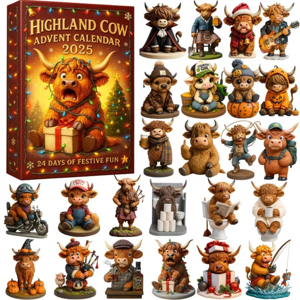 Highland Cow Advent Calendar 2025 with 24 Highland Cow Figurines Christmas Countdown Advent Calendar Calf Lovers Gifts 24 Days