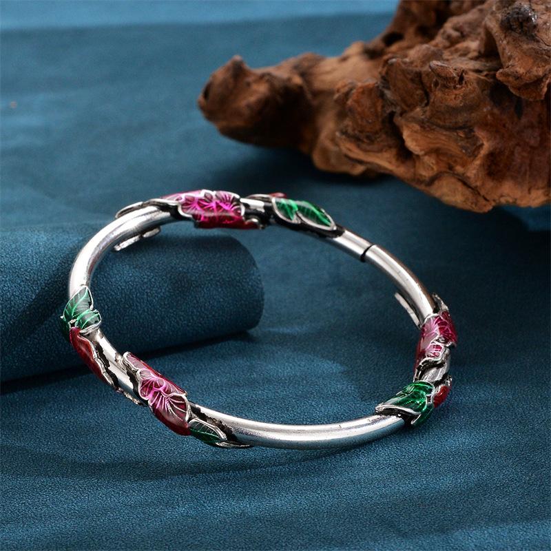 New Flower Burnt Blue Vintage Enamel Color Bracelet Women's Cloisonne Lotus Edge Leaf Silver Bracelet As A Birthday Gift for Mom
