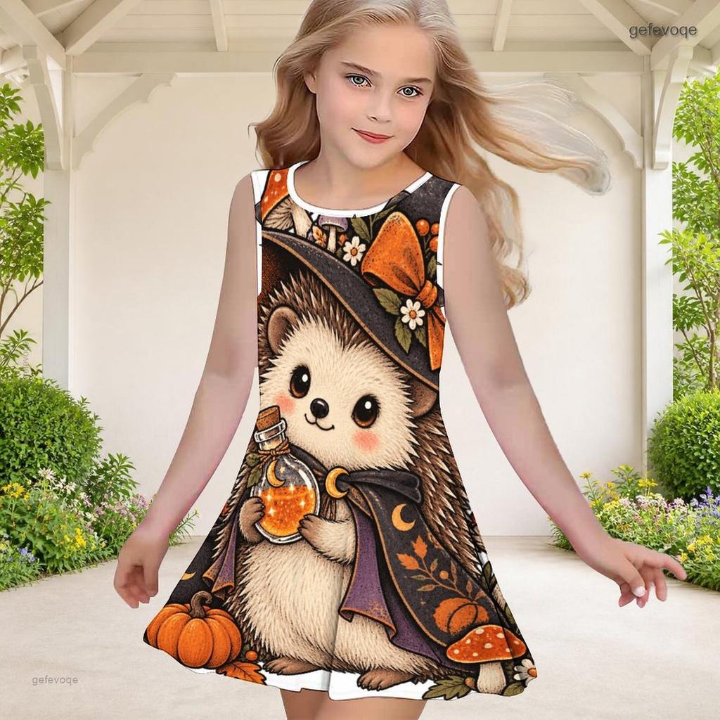 Girls Round Neck Sleeveless Cartoon Chicken Pumpkin Printed A Line Flared Dress