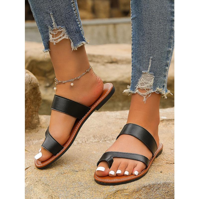 Large Size Slippers Women Summer Solid Color Round Head Set Toe Outer Wear Casual Flat Sandal Mop