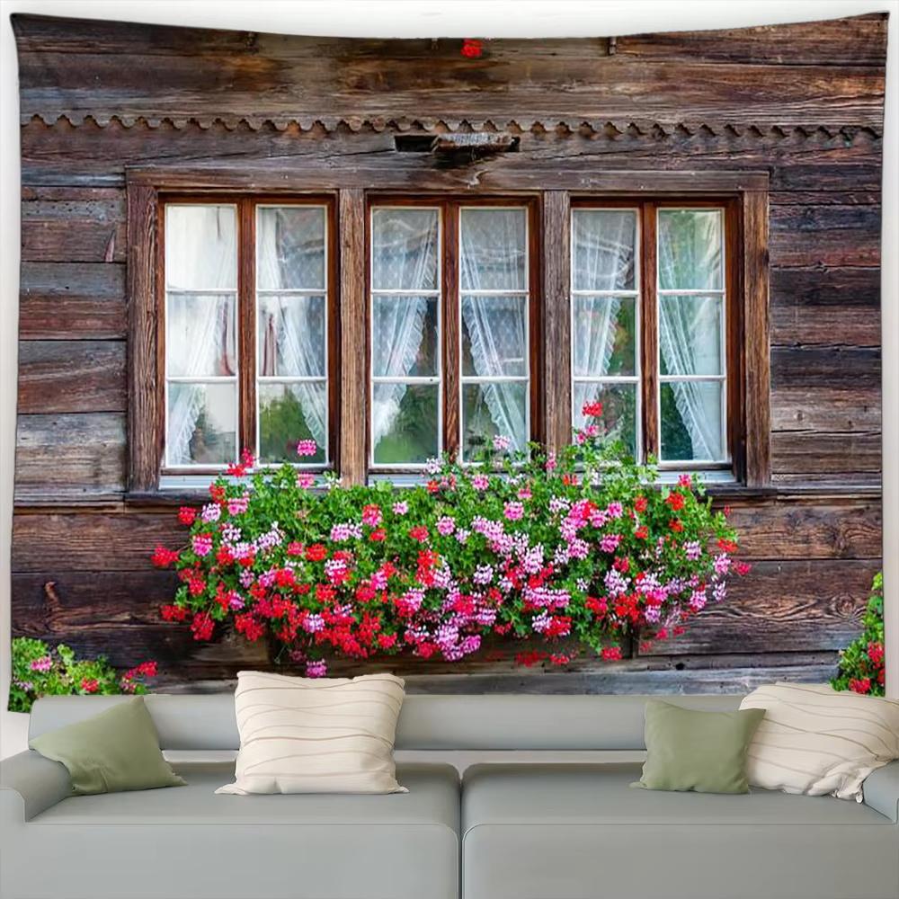 Street Flower Scenery Tapestry Vintage Blue Wooden Door Floral Plants Nature Landscape Home Garden Decor Wall Hanging Picnic Mat