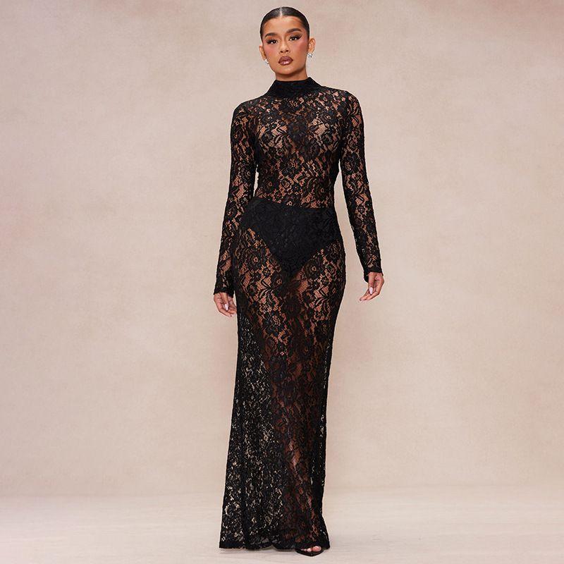 

D24ds559 European and American Women s Clothing Lace Patchwork Half Turtleneck Silm Transparent Sexy Dress Black L
