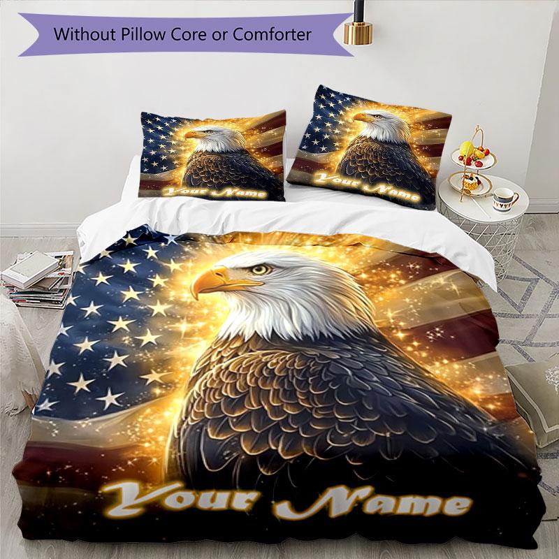 3PC Custom Name Eagle Pride American Flag Bedding Set Printed Bedding Set Duvet Cover Closure Includes 1 Duvet Cover & 2 Pillowcases for All Seasons B