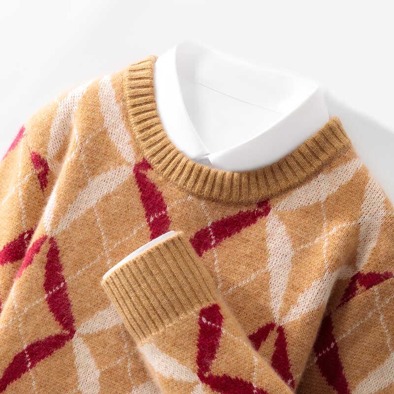 Men s Wool Color Block Round Neck Sweater - Thick Knit Casual Loose Fit Cashmere Top XXXL