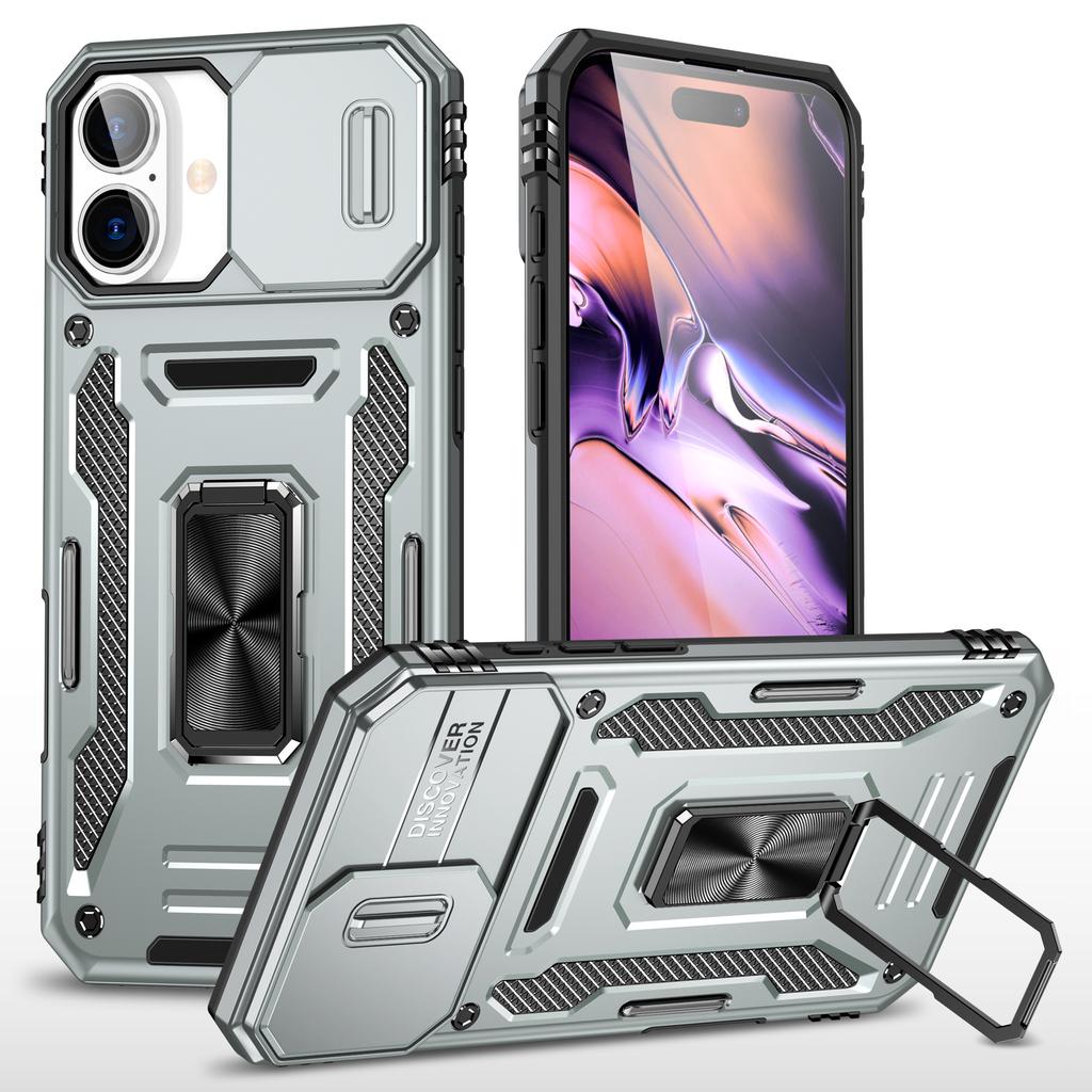 Armor Series For iPhone 16 Plus Case Adjustable Kickstand PC+TPU Phone Cover with Slide Lens Guard