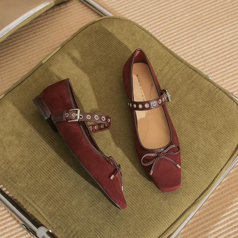 22307 Flat Shoes Women's Thick Heel New Square Head Word with Mary Jane Shoes French Suede Bow Single Shoes