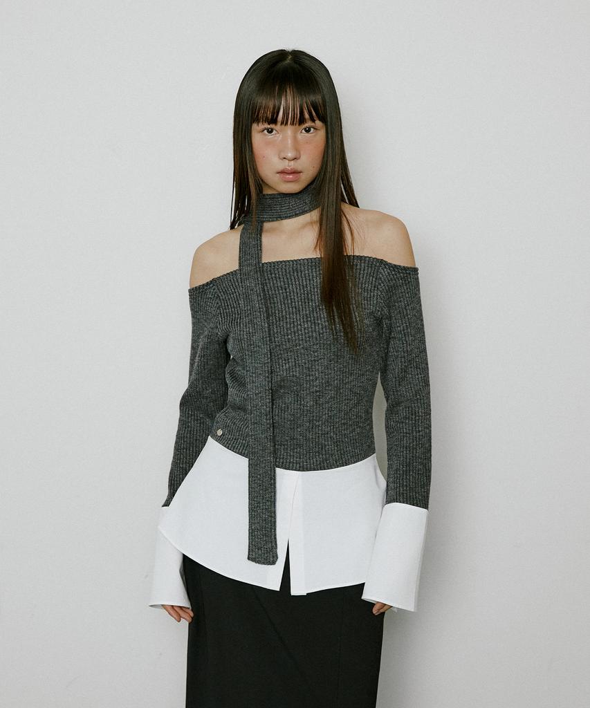 LUCIR ZU Layered Shirt Off Shoulder Top (Charcoal)