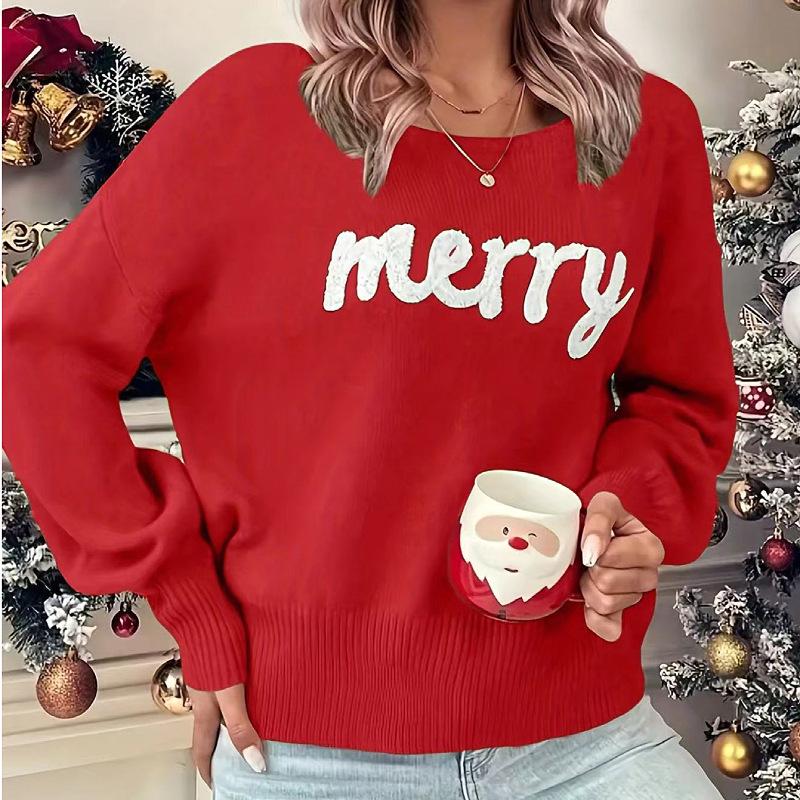 Spring 2025 European & American Women's Christmas Knitwear Round Neck Long Sleeve Pullover Sweater