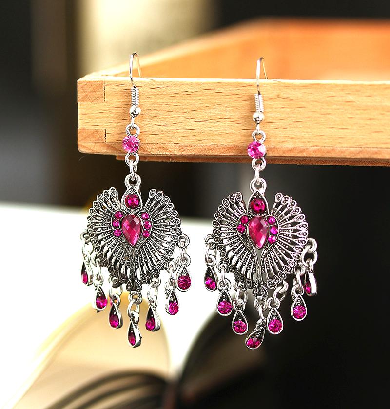 Ethnic Vintage Romantic Rose Red Heart Earrings for Women Simple Silver Color Water Drop Tassel Earring Wedding Party Jewelry