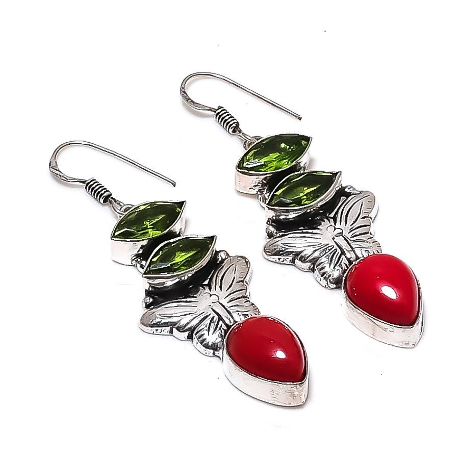 Natural Italian Red Coral, Peridot 925 Sterling Silver Earring 2.29" E6I65