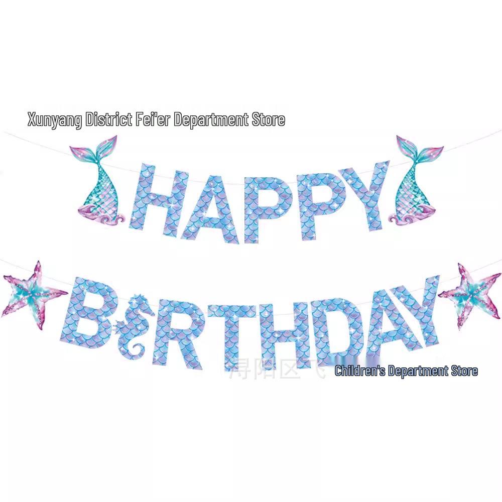 Underwater Mermaid Birthday Party Decoration Set: Pull Flags & Hanging Spirals for Girls