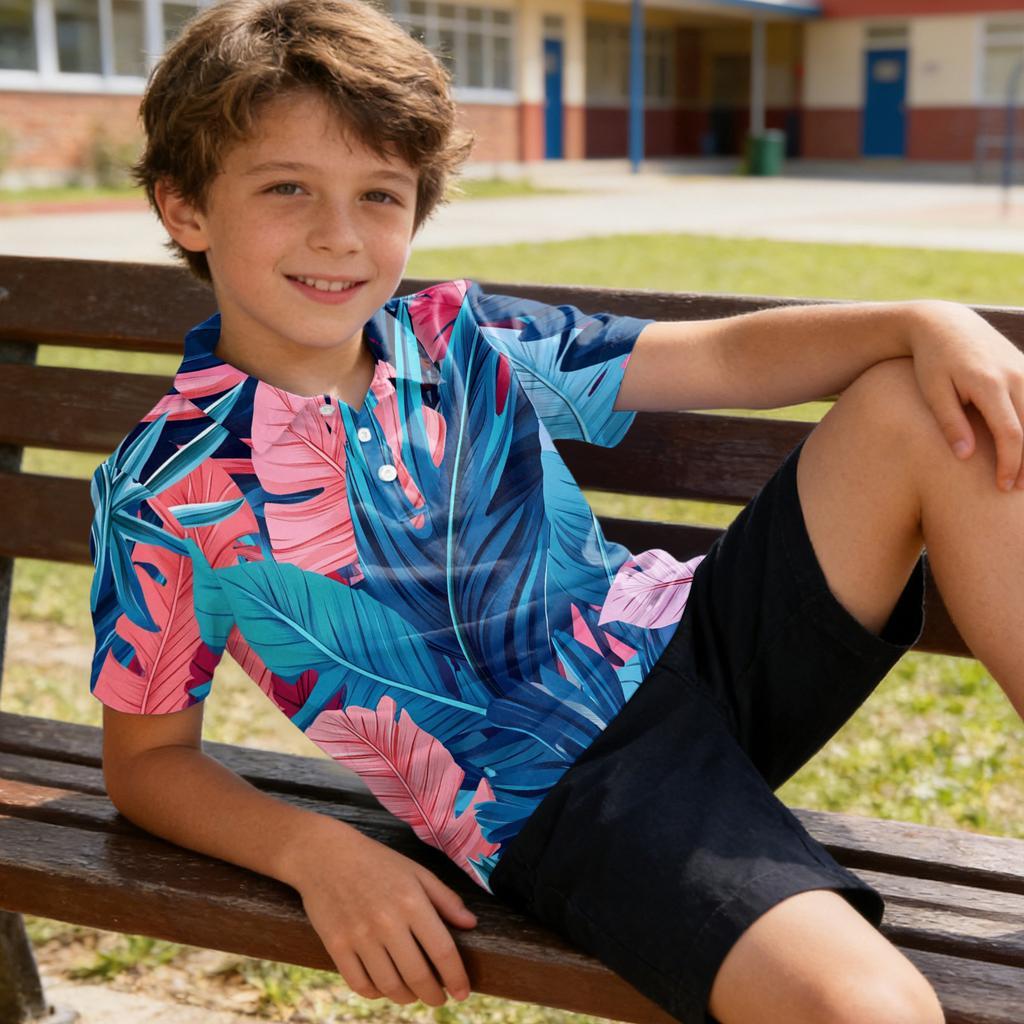 Kids Polo Shirt Quick Dry Short Sleeve Hawaiian Print Collared Tee Lightweight Breathable Fabric Summer Casual Top for Boys