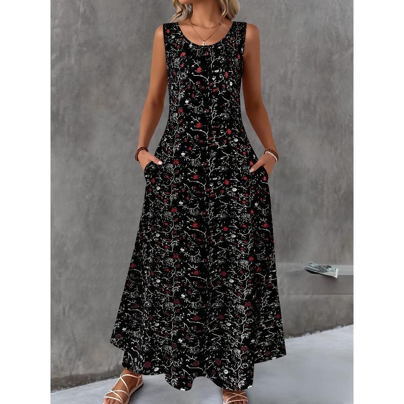 JKASHDK Women's Fashion Summer Spring Flower Pattern Print Sleeveless O-Neck Loose Waistline Casual Dresses