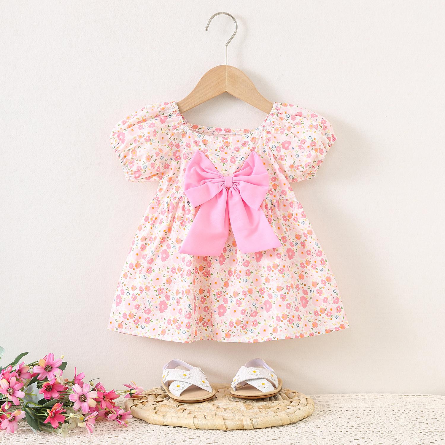 

Детская юбка, летнее новое платье для девочки с короткими рукавами и цветочным принтом, юбка принцессы 80cm розовый