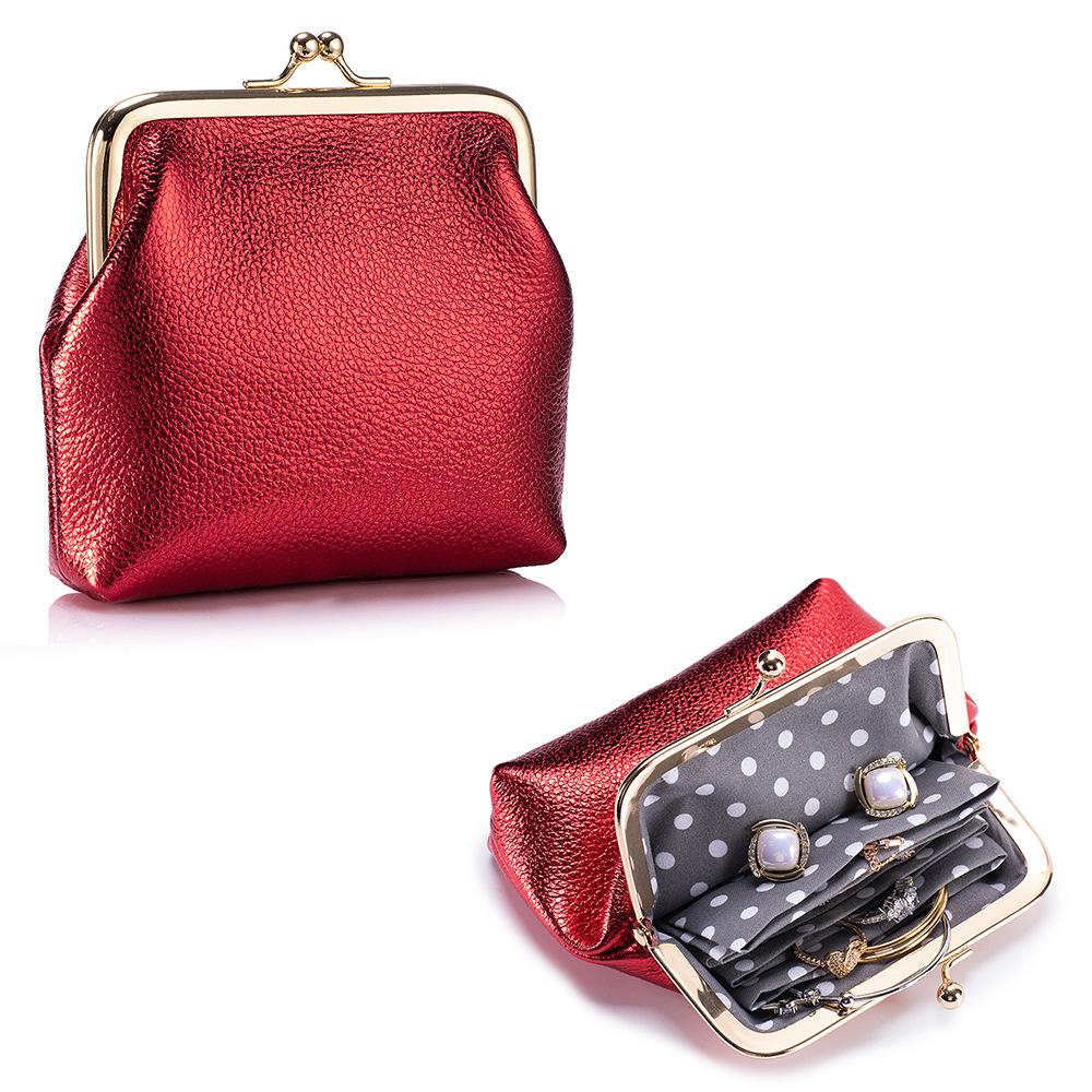 Leather Kiss Lock Closure Coin Purse - Polka Dot Lining Frame Clasp Pouch, Mini Retro Wallet for Coins & Lipstick,Gift for Girls