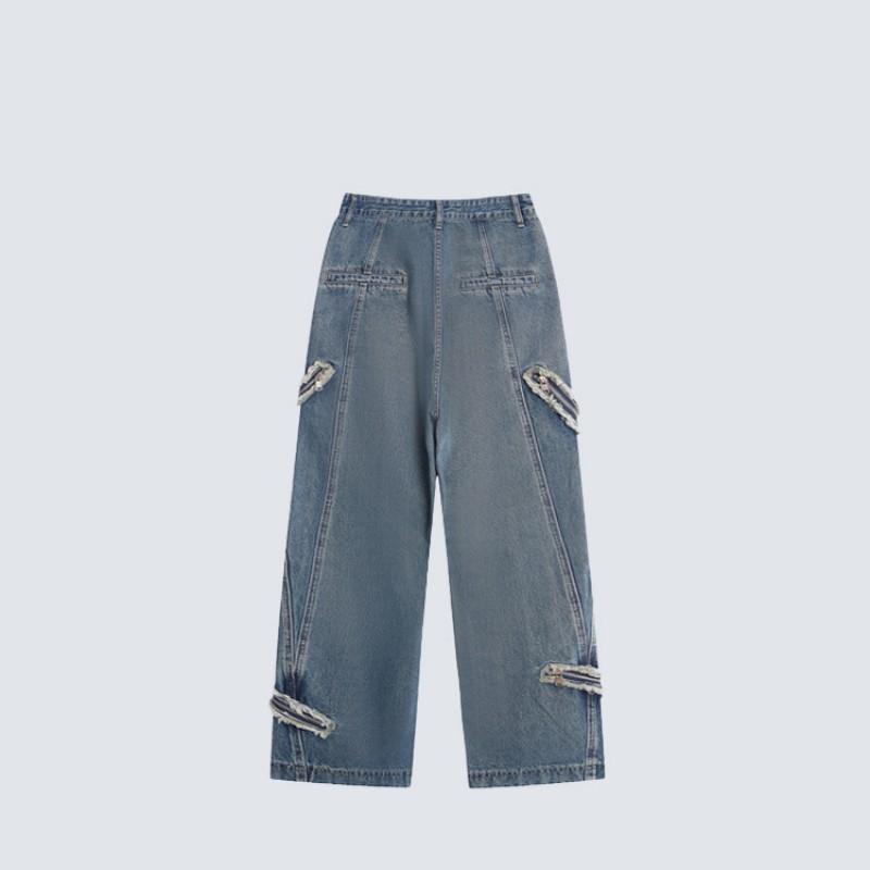 American Style Loose Straight Wide Leg Jeans Men Vintage Washed Distressed Denim Pants