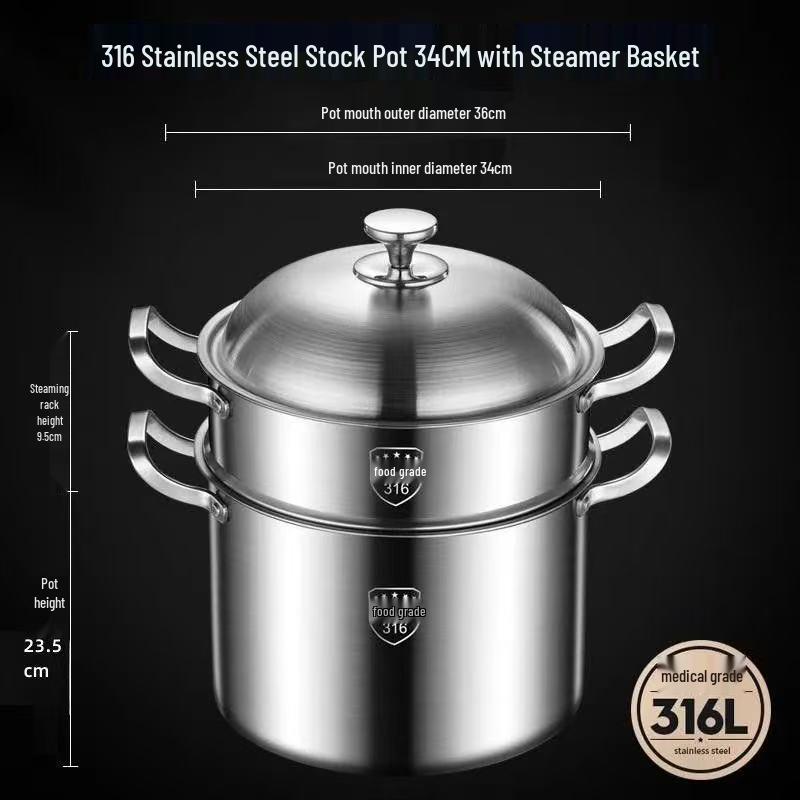 Extra Tall 316 Stainless Steel Stock Pot - Food-Grade, Deepened & Thickened, Large Capacity, Perfect for Stewing & Soups