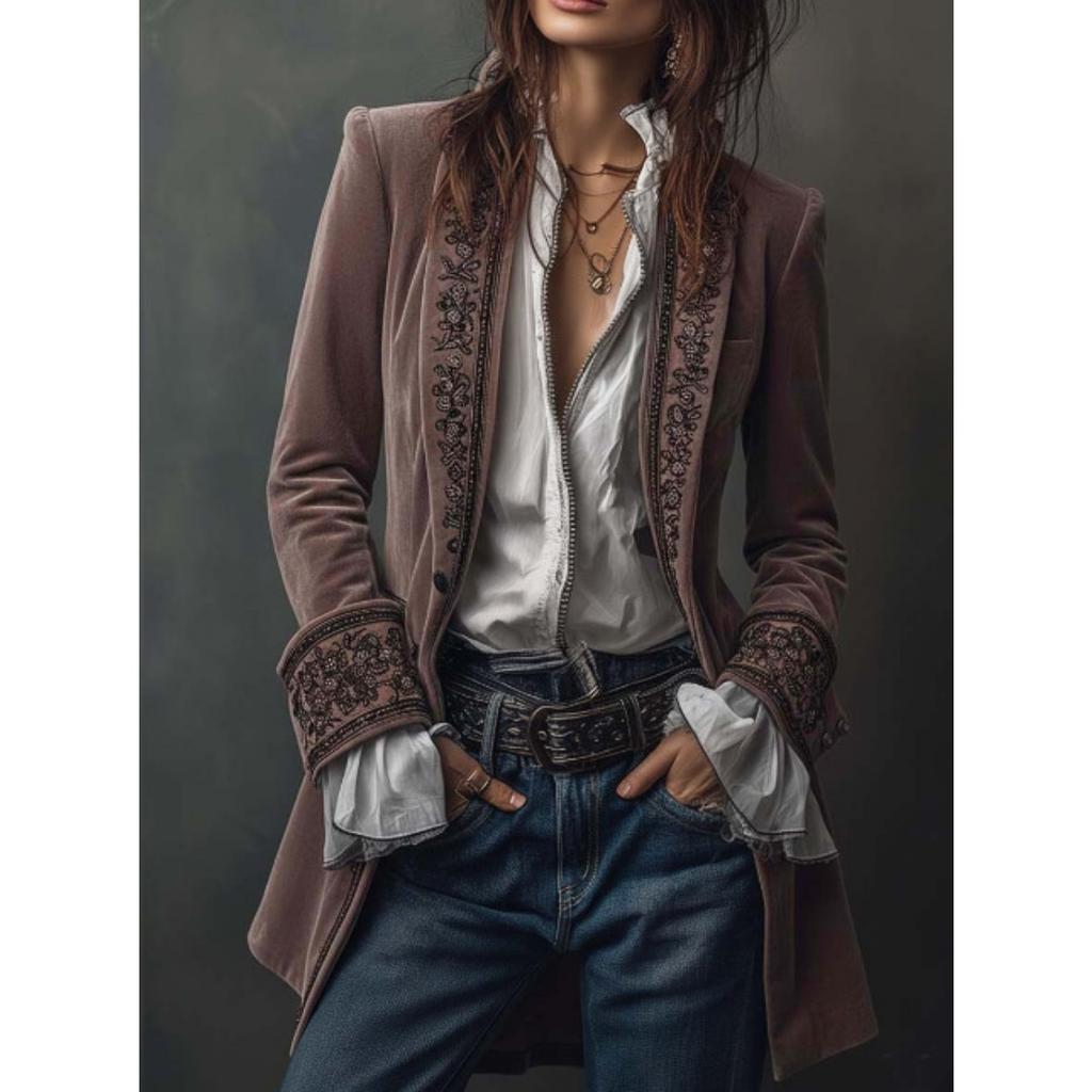 Women's European American Style Solid Color Patchwork Lace Velvet Long Sleeve Coat