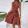 Women's Spring And Summer Casual V-Neck Sleeveless Waist Floral Print Midi Dress