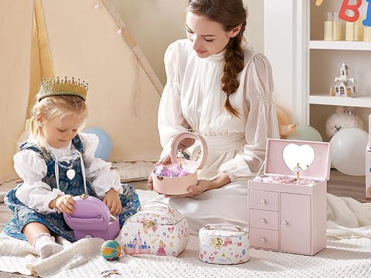 Vlando Music Box, Birthday Gift for Daughter, Semicircular Jewelry Box with Mirror, Portable Music Box, Perfect for Ballet Recitals, Princess Gift