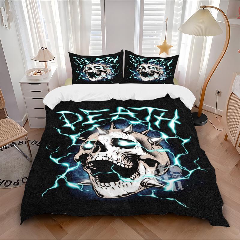 3pcs Death Metal Skull with Electric Lightning - Anime Cartoon Design Bedding Set, Includes One Quilt Cover and Two Pillowcases (No Core), P