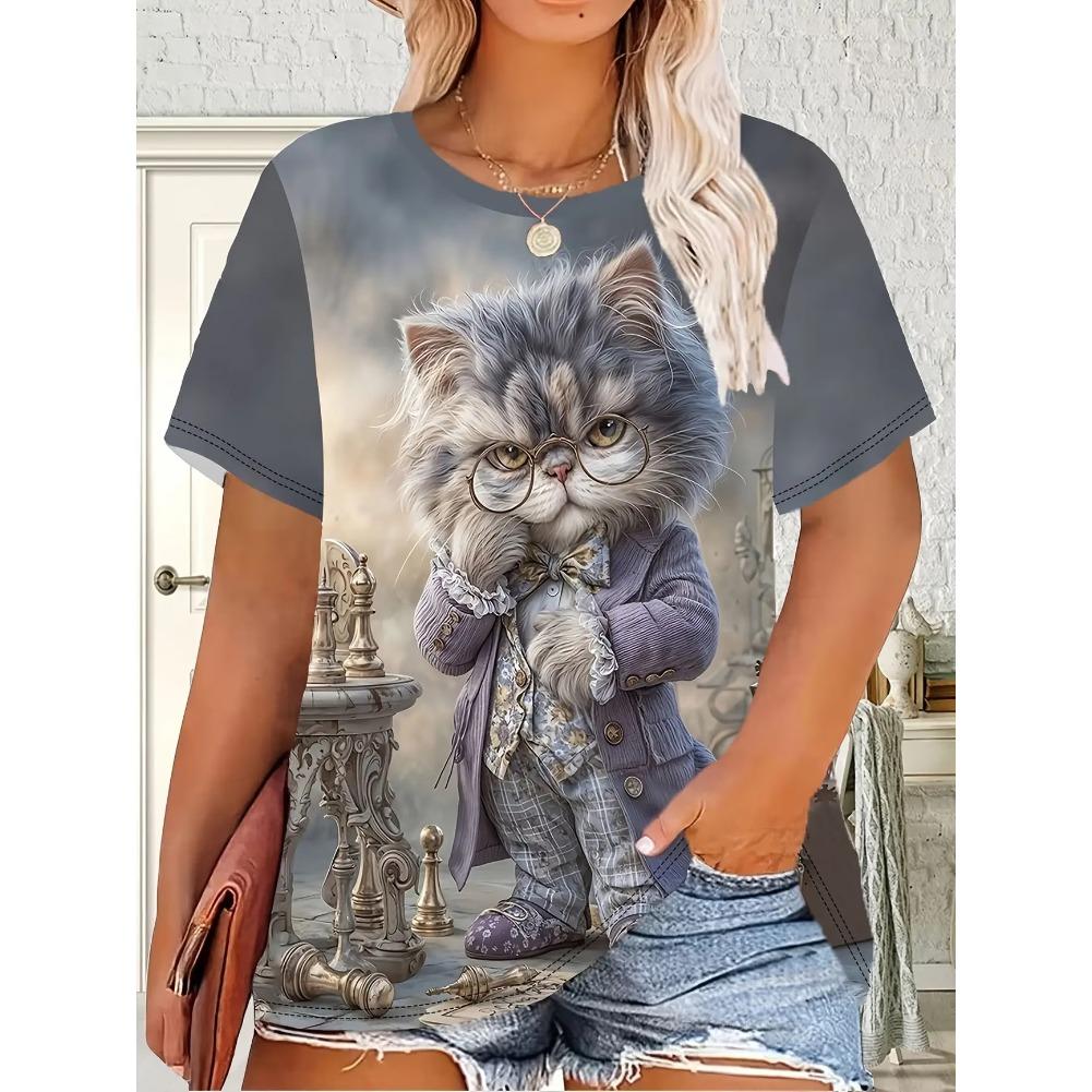 Plus Size Casual Crew Neck Short Sleeve Cartoon Animal Print T-Shirt - Soft Stretch Polyester Fabric Spring and Summer Womens Relaxed Fit Clothing