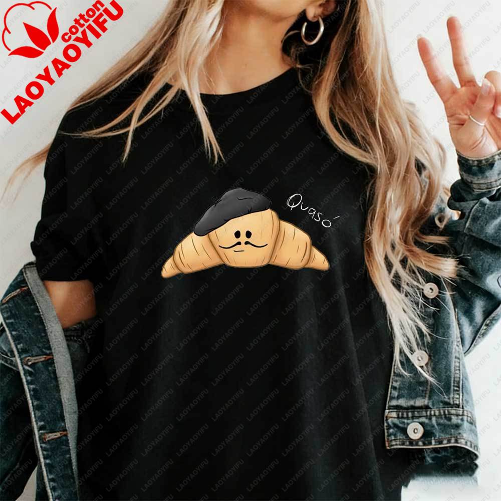 

Funny French Croissant Qvaso Graphic TShirt Cute Cartoon Food Casual Cotton Short Sleeve Tshirt for Women Summer Aesthetic Tops S