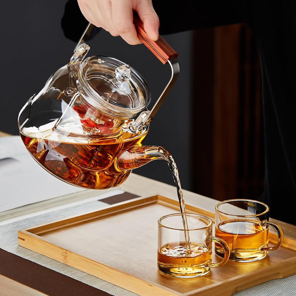Pokaro Tea Heat-Resistant Glass Teapot, 1060ml, Integrated Steamer, Tea Strainer, Lotus-Shaped Glass Bottom, Clear Design, Wooden Handle, Perfect for