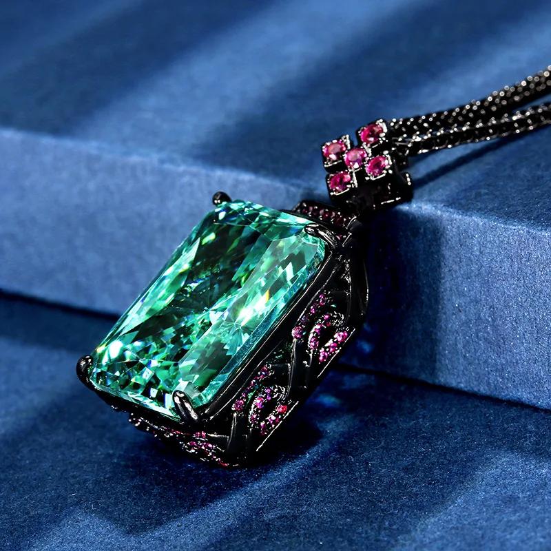 Vintage Paraiba Like Teal Green Stone Pendant Necklace Emerald Cut Rectangle Cubic Zirconia Statement Jewelry with Cross Accent
