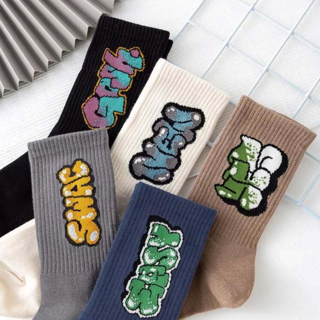 5 Paia Calzini da Uomo Multicolore, Scritta Graffiti, Stile Street, Unici, Comodi, Traspiranti, Assorbi-Umidità