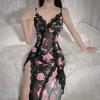 Netz-Blumenmuster Spitze Nachthemd Transparent Lang Hoher Schlitz Damen Loungewear 769 Romantische Feminine Nachtwäsche mit Schönen Blumenmustern