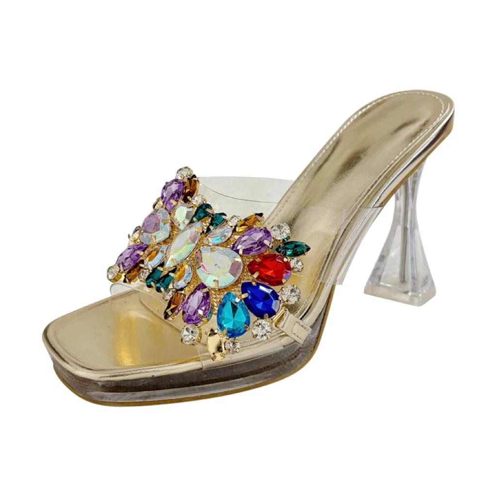 Eilyken Summer PVC Transparent Square Toe Woman Slippers Crystal Clear High Heels Slides Shoes Zapatos De Mujer