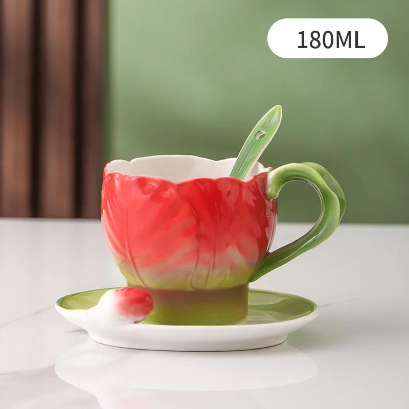 Underglaze Colored Ceramic Mug Tulip Coffee Cup and Saucer Set Flower Teacups Milk Tea Cups Water Glasses Breakfast Cup Milk Mug