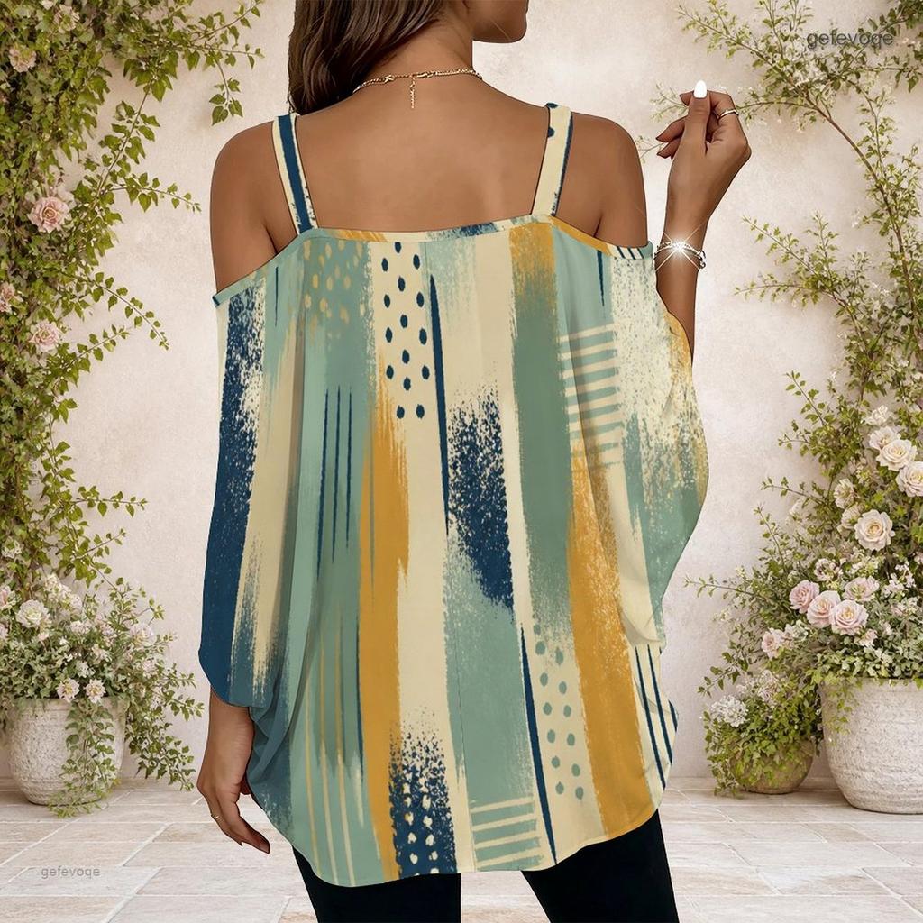 Women Plus Size Off Shoulder V Neck Short Sleeve Blue Black Abstract Print Loose Blouse