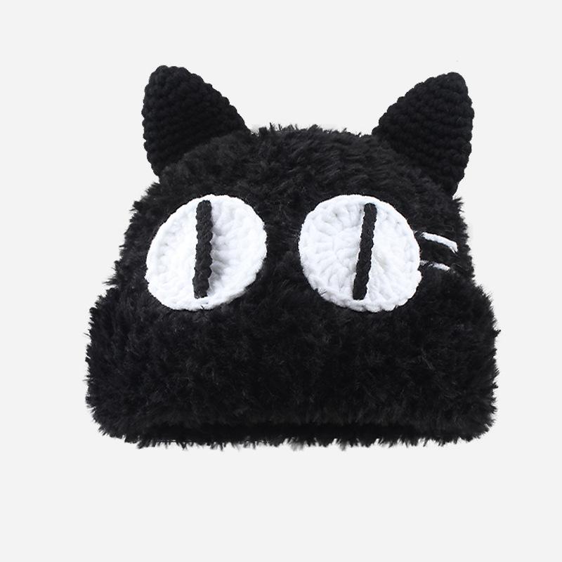 Autumn and winter cute cat big eyes plush knitted hat couple thickened warm big head circumference versatile basin hat
