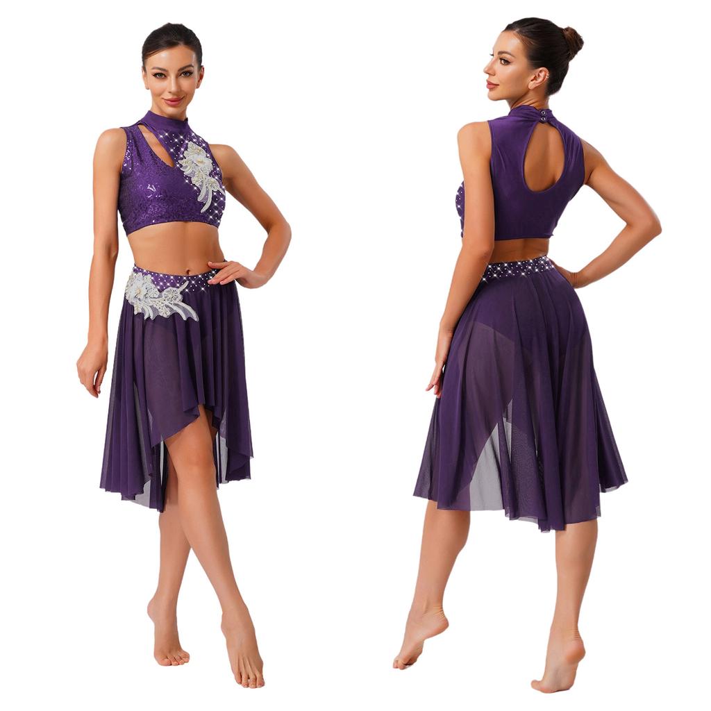 Embroidery Applique Dancewear Set for Women S-XXL: Sleeveless Hollow Crop Top & Irregular Mesh Hem Briefs-Type Skirt