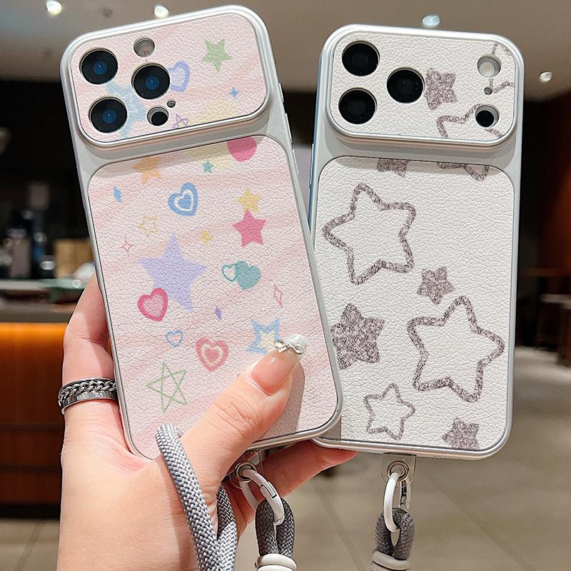 Creative Starry Stars Print Leather Lanyard Case For iPhone 18 Pro Max Hybrid TPU+PU Anti-skid Soft Cover For iPhone 17 16 15 14 13 Pro Max