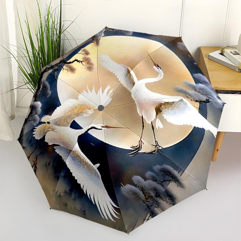 

1pc White Crane Moonlit Night Auto-Open Close Umbrella, Portable Tri-Fold Design with Iron Frame, Perfect for Outdoor Use, Festive Gifts, Travel,