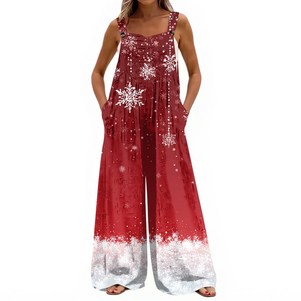 Women's Christmas Print Solid Wide Leg Strapless Tank Pocket Casual Onesie