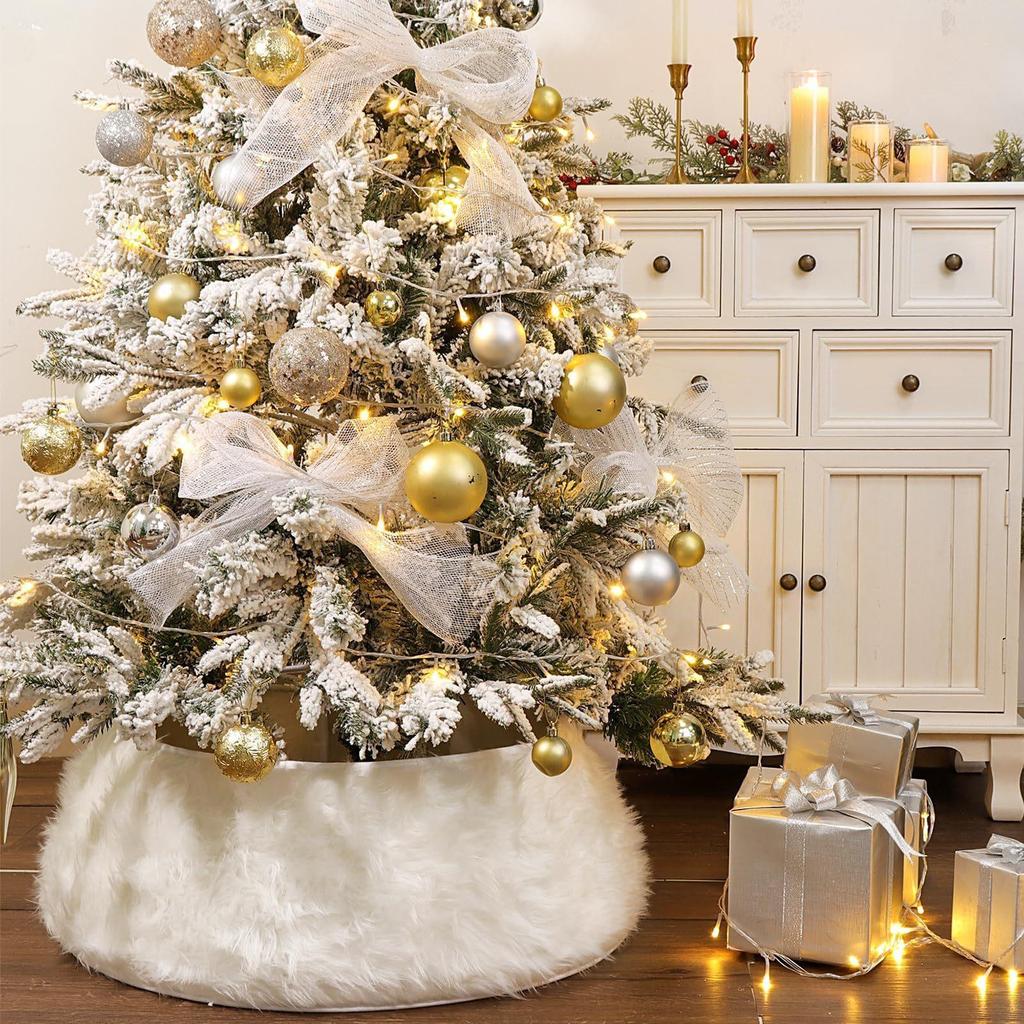 Luxurious White Plush Christmas Tree Skirt with Cross-Border Collar - Elegant Indoor Holiday Decoration