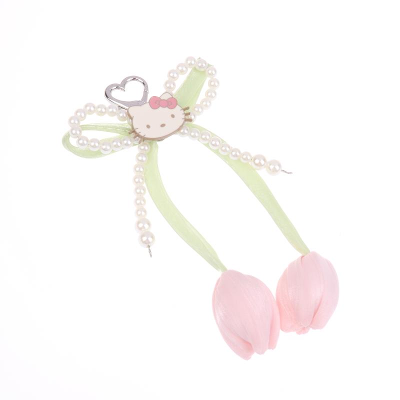Ins Fresh Tulip Hello Kitty Keychain Y2K Trendy Sweet Imitation Pearl Bowknot Keyring Bag Pendant Backpack Hanging Decor Gift