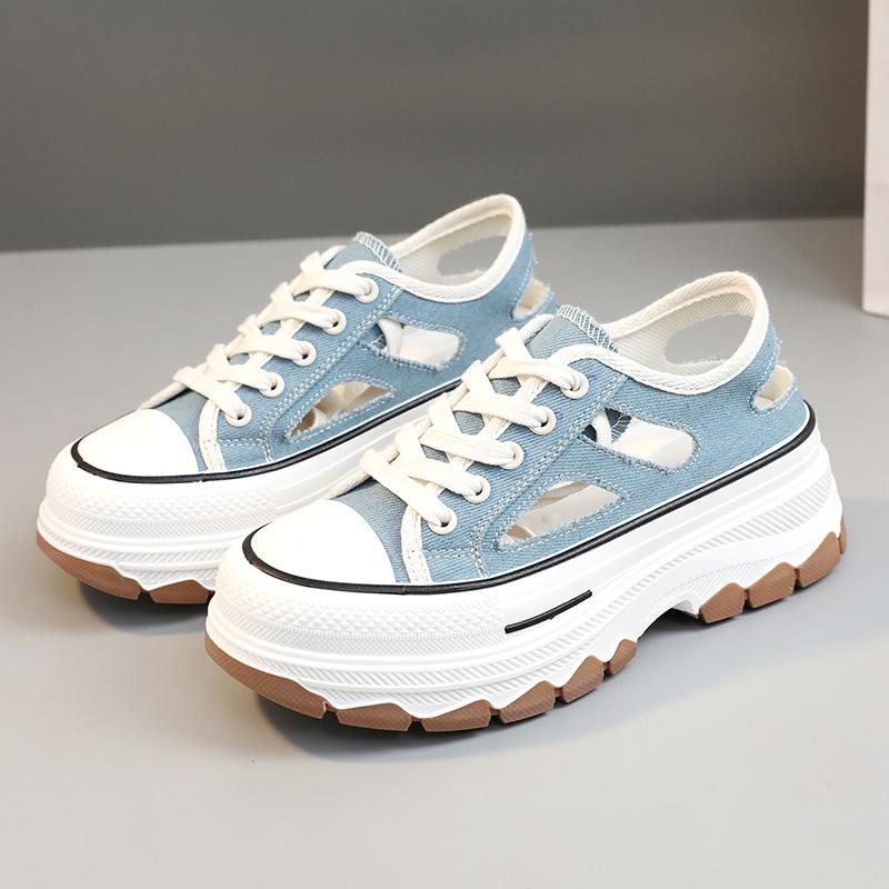 

[Customized] BR312 women s shoes canvas shoes summer trend hollow breathable thick sole heightening campus students versatile 40